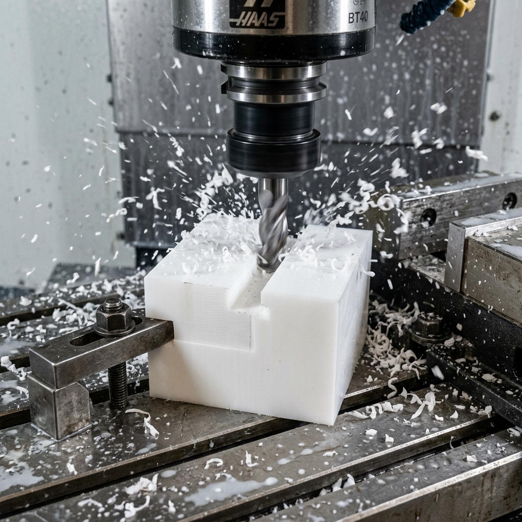 A CNC machining end mill cutting a block of white Delrin plastic with chips flying