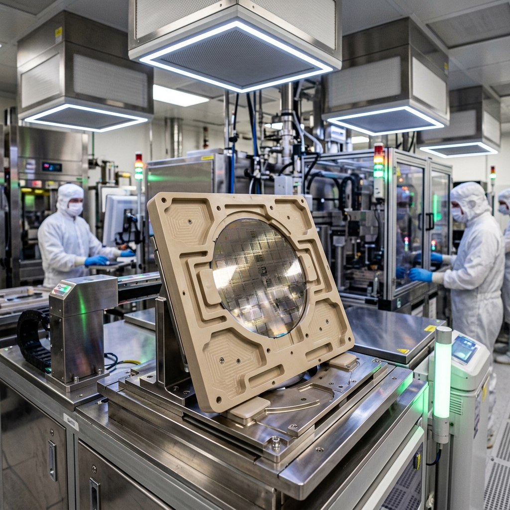 A high-precision PEEK plastic wafer handling nest in a cleanroom chip factory