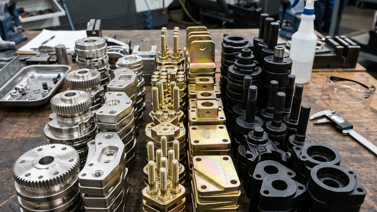 Stacks of precision CNC machined steel parts showing electroless nickel plating, yellow zinc plating, and black oxide plating on a workbench