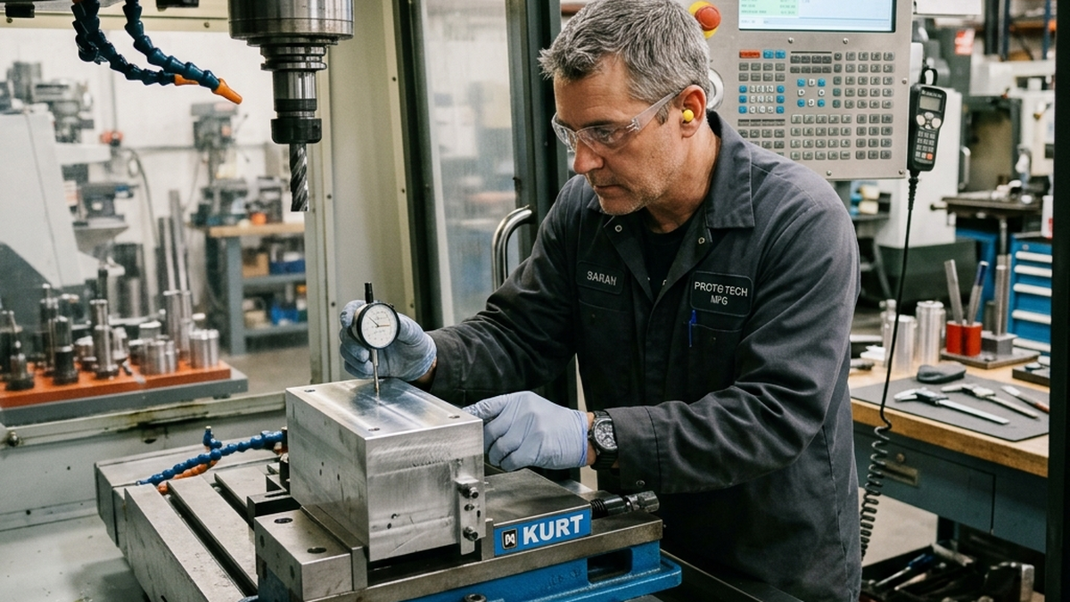 CNC machinist using a dial indicator to set up a prismatic block workpiece clamped in a Kurt vise on a 3-axis CNC vertical machining center