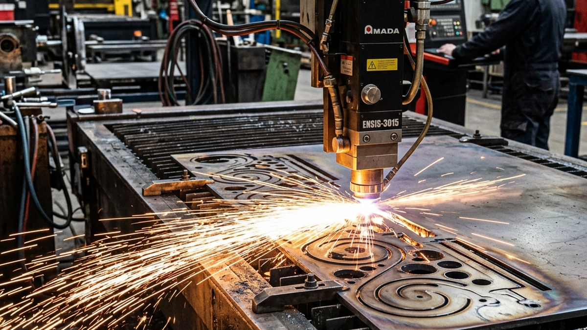 Amada Ensis laser cutter nozzle cutting intricate profiles in steel sheets with bright sparks flying