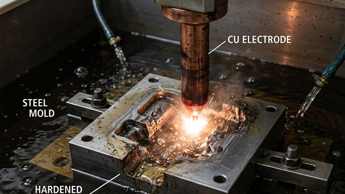 Inside a sinker EDM machine with a copper electrode performing spark erosion inside a hardened steel mold cavity submerged in dielectric fluid
