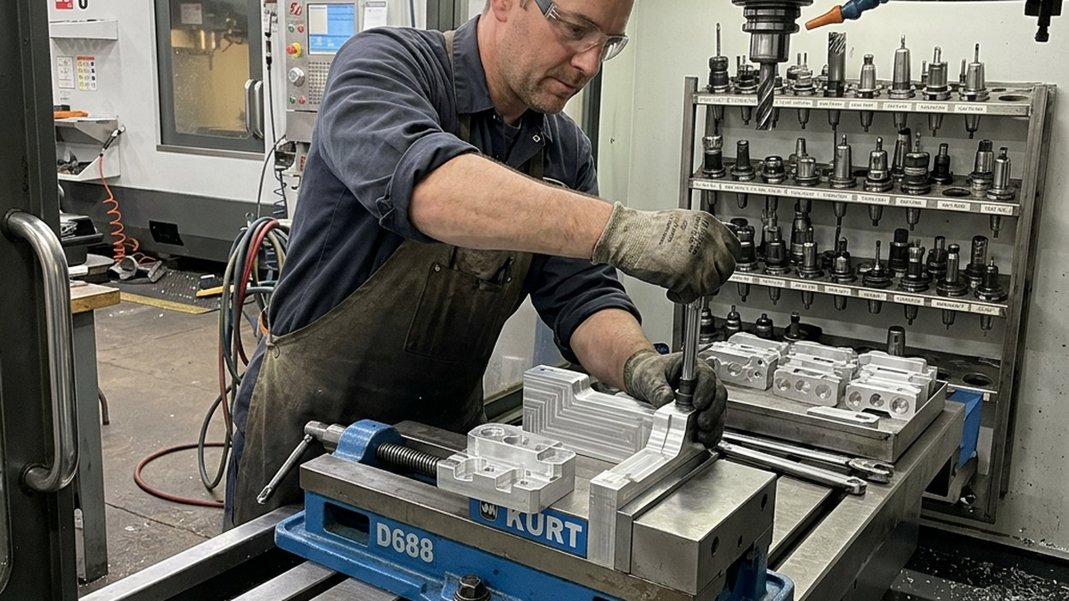 Machinist setting up custom soft jaws on a Kurt machine vise for a secondary operations run of machined aluminum components with a tool rack in the background