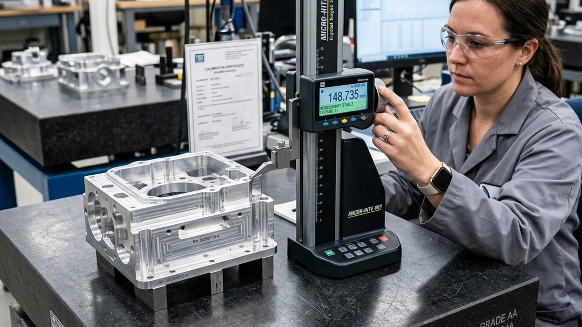 High-precision digital height gauge verifying height features on an aluminum housing in a quality control lab