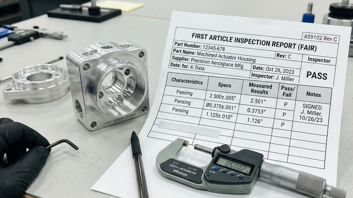 First Article Inspection (FAI) report next to finished mechanical prototype parts and a digital micrometer caliper