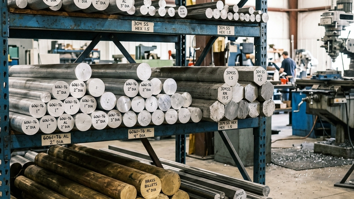 Macro photo of neat rows of raw metal stock: steel bars, brass cylinders, and aluminum blocks stored organized on shop shelves
