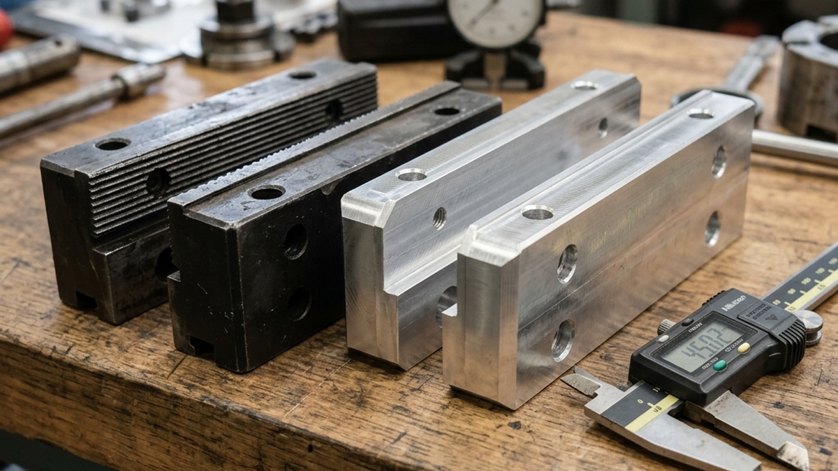 Hard jaws and aluminum soft jaws arranged beside a CNC vise