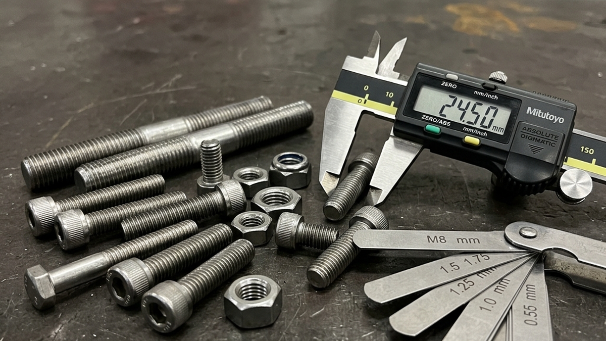 A variety of steel cap screws, hex nuts, and thread gauges laid out on a dark metal engineer's workbench