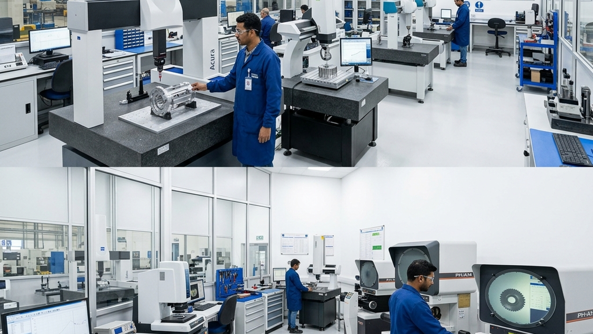 A neat metrology laboratory featuring a modern Coordinate Measuring Machine verifying critical tolerances on a machined part