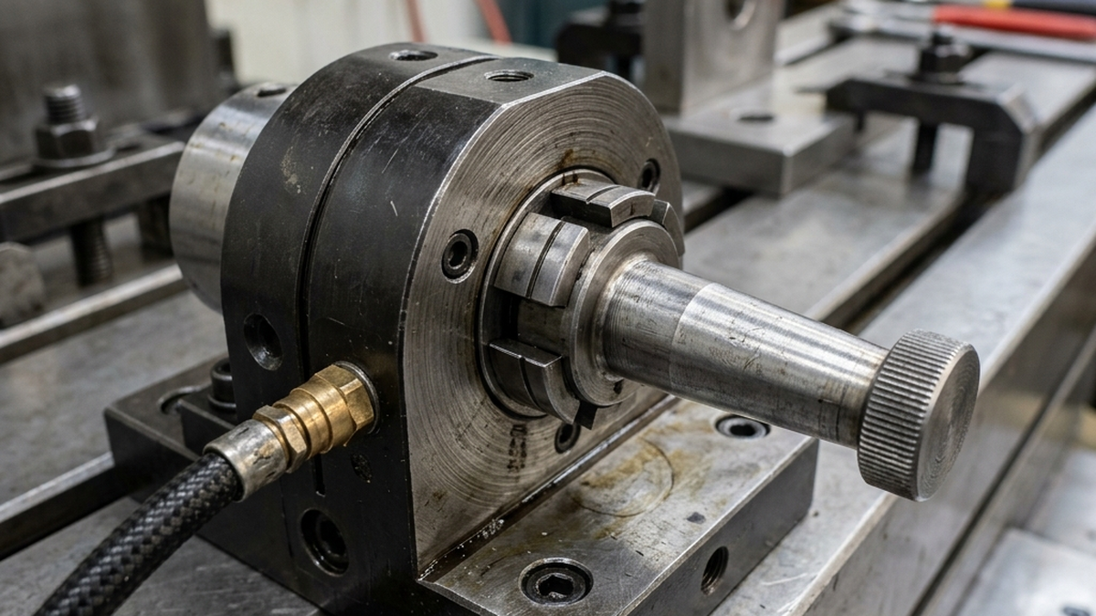 Close-up photograph of a zero-point locating pull-stud locked inside a pneumatic receiver chuck on a CNC machine table, showing high-precision machined steel and toolmarks
