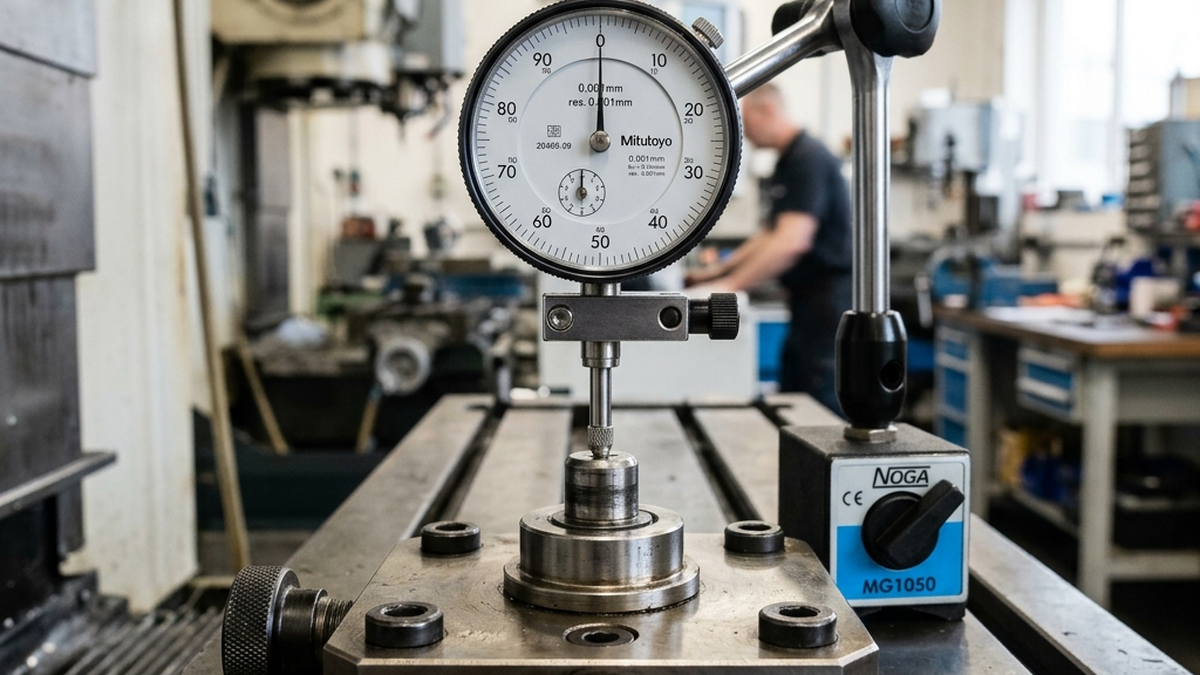Close-up inspection photograph of a dial indicator gauge measuring the repeatability of a zero-point clamping plate in a machine shop, with the needle set perfectly at zero