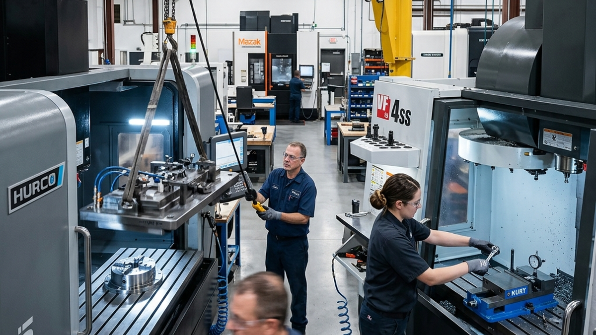 Detailed photograph of a machine shop setup showing a crane lifting a heavy fixture plate quickly into a zero-point receiver system, illustrating efficient CNC changeover