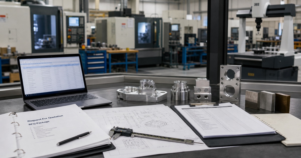 RFQ packet, engineering drawing, inspection checklist and machined parts in a CNC machine shop