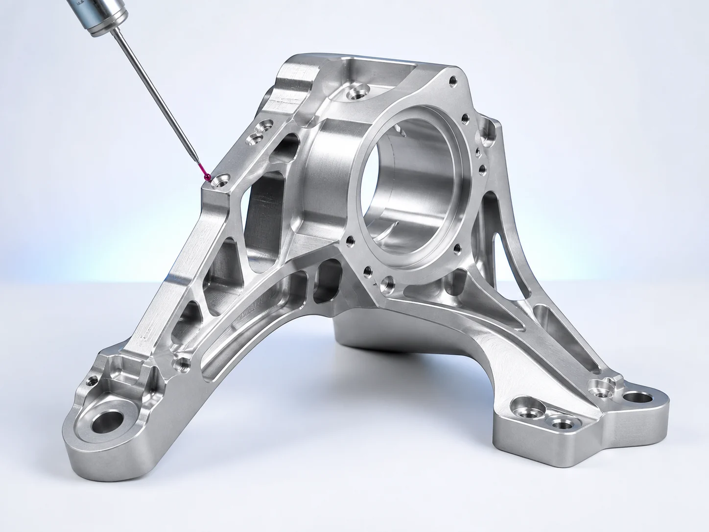 7075-T6 aluminum 5-axis aerospace bracket undergoing ruby-tip CMM inspection