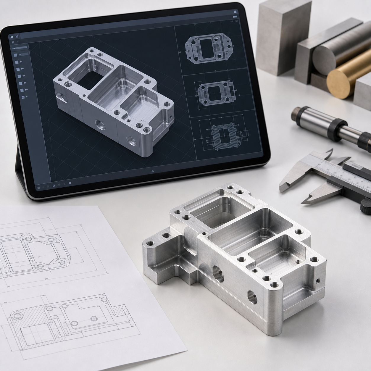 CAD to machined part workflow showing side-by-side design and physical aluminum part