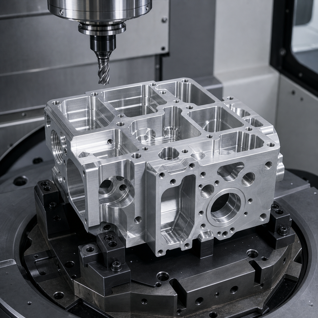 CNC milled aluminum housing in a machining fixture with a milling cutter