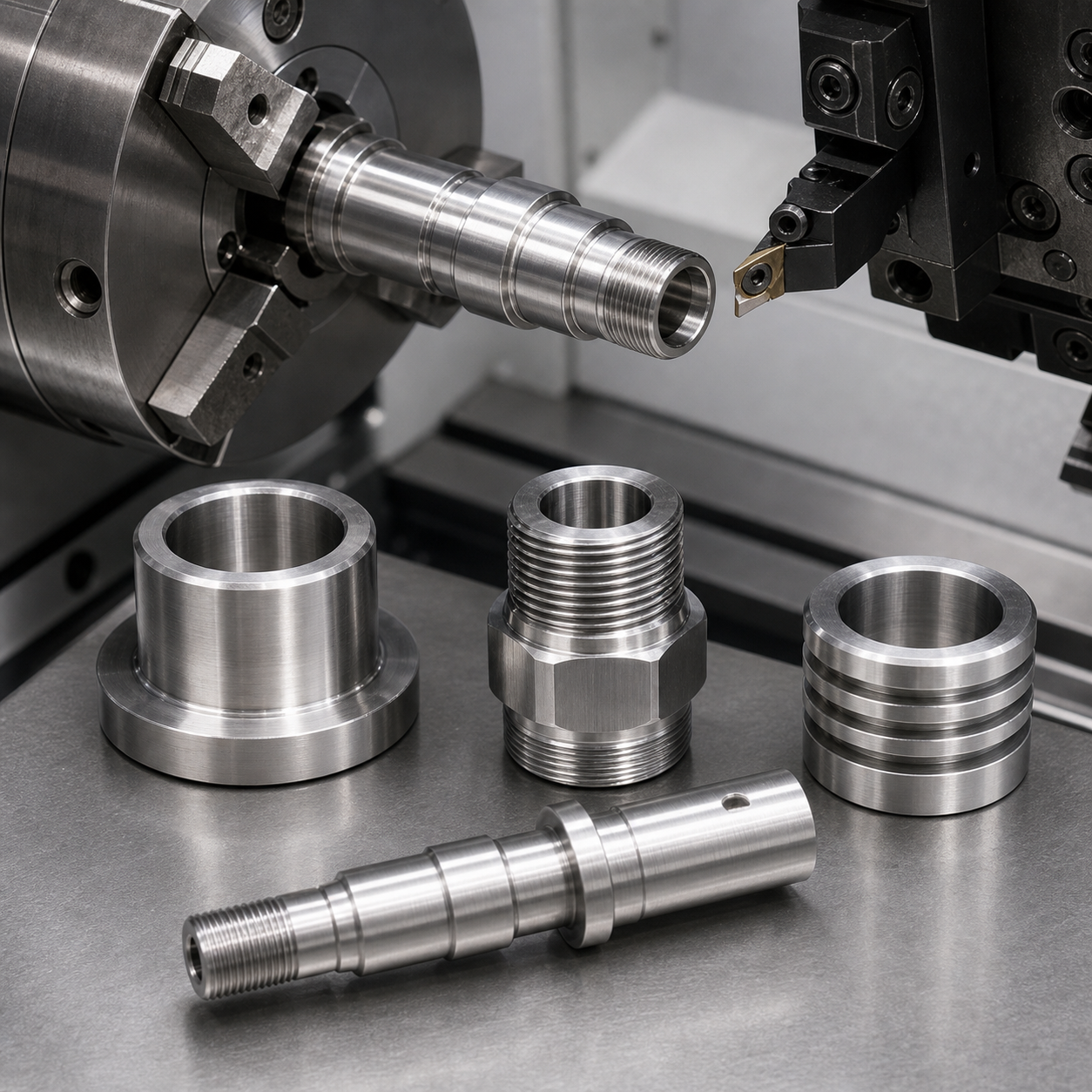 Precision CNC turned shafts, bushings, and threaded fittings in a lathe