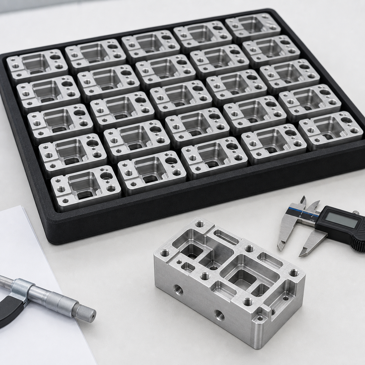 Repeated CNC machined aluminum parts arranged for a production run