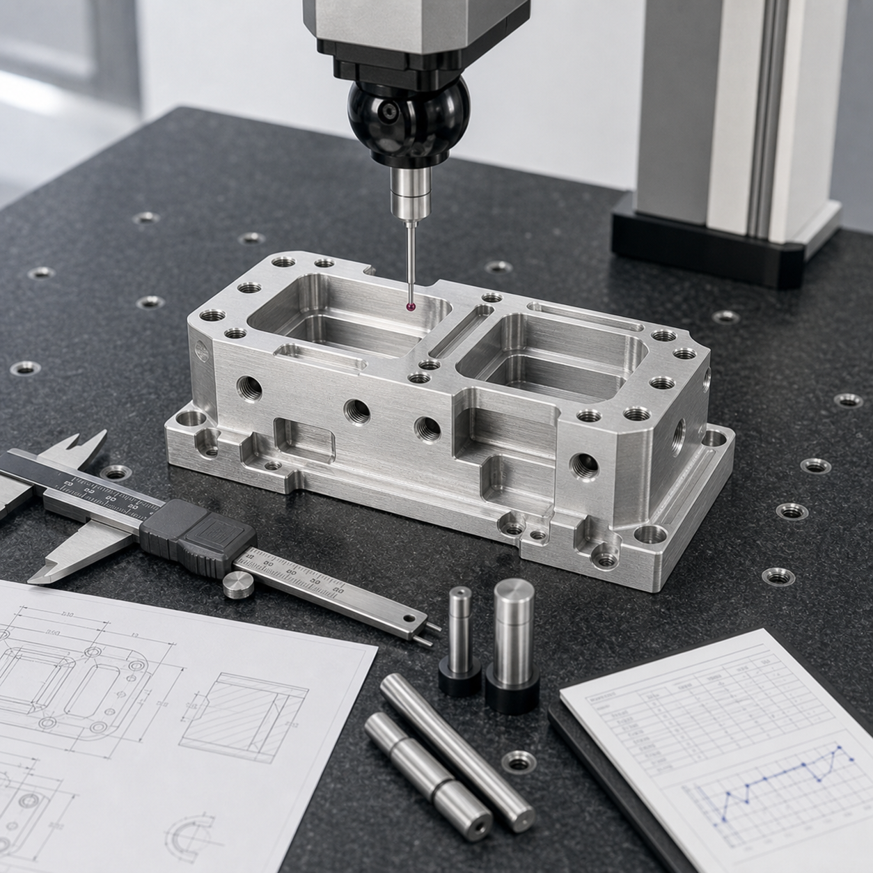CNC machined part being inspected with a CMM probe and dimensional report