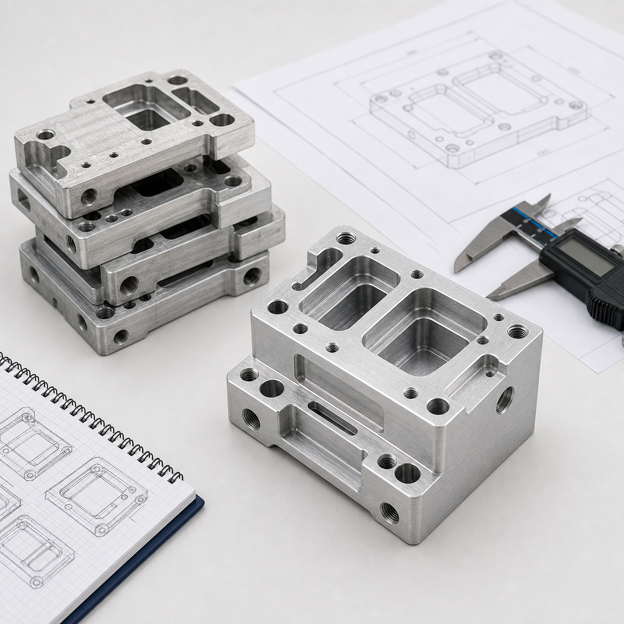 Rapid CNC prototype parts with technical drawings and calipers