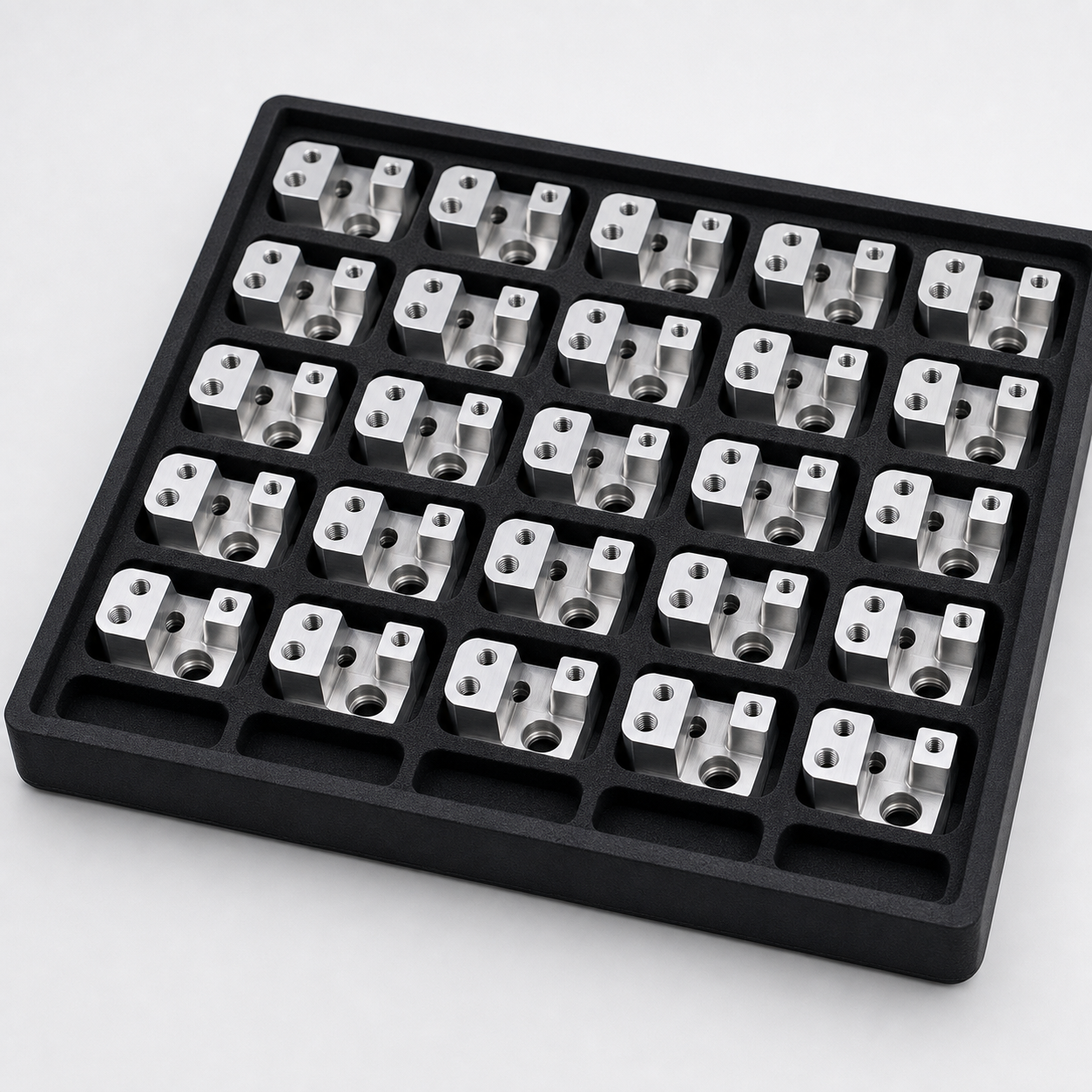 Tray of repeated CNC machined aluminum production parts