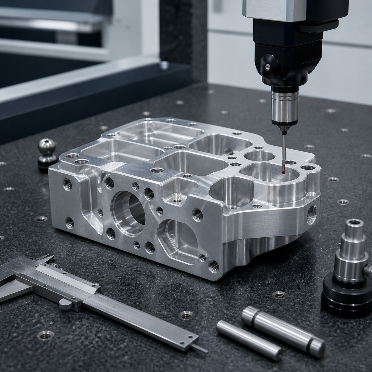CNC machined part being inspected with a CMM probe