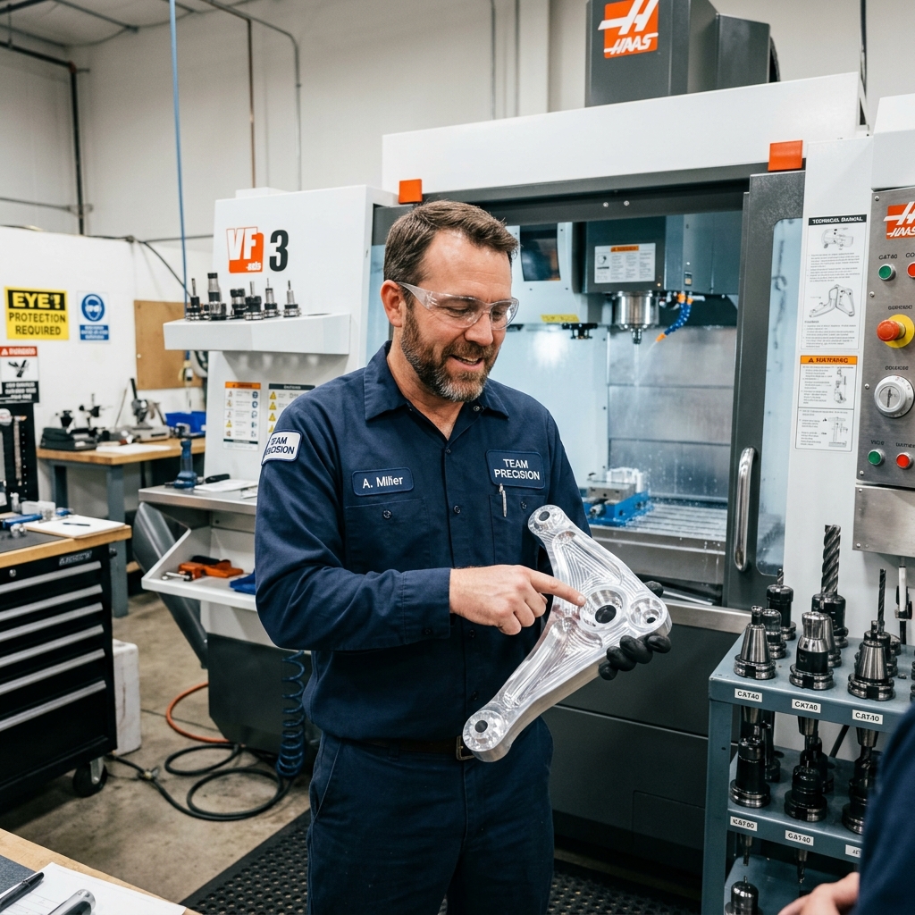 RivCut machinist holding a precision 5-axis milled control arm in front of a CNC milling machine
