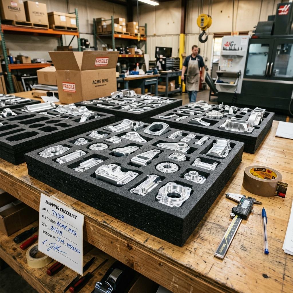 Machined aluminum CNC parts nested neatly inside custom foam-lined shipping boxes