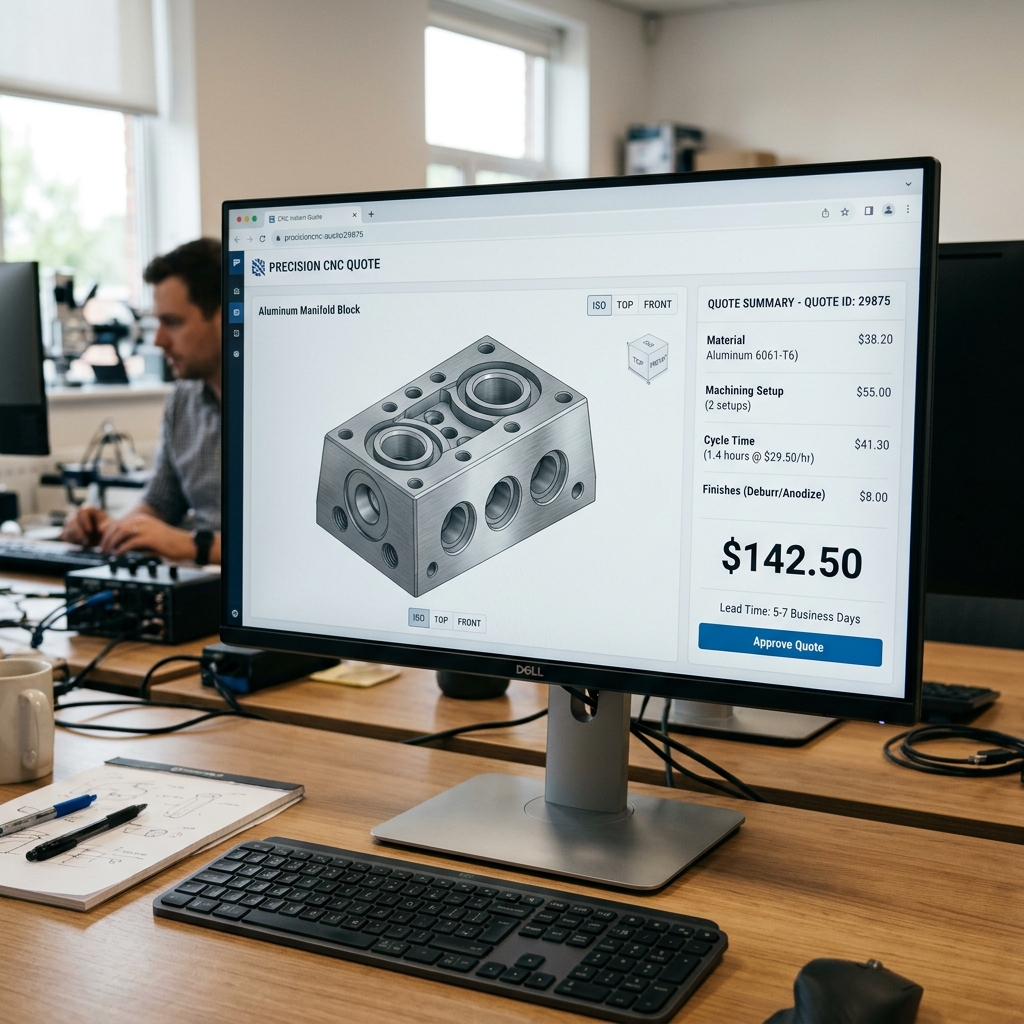 Engineering CAD pricing application showing calculated cycle times and custom setup estimates
