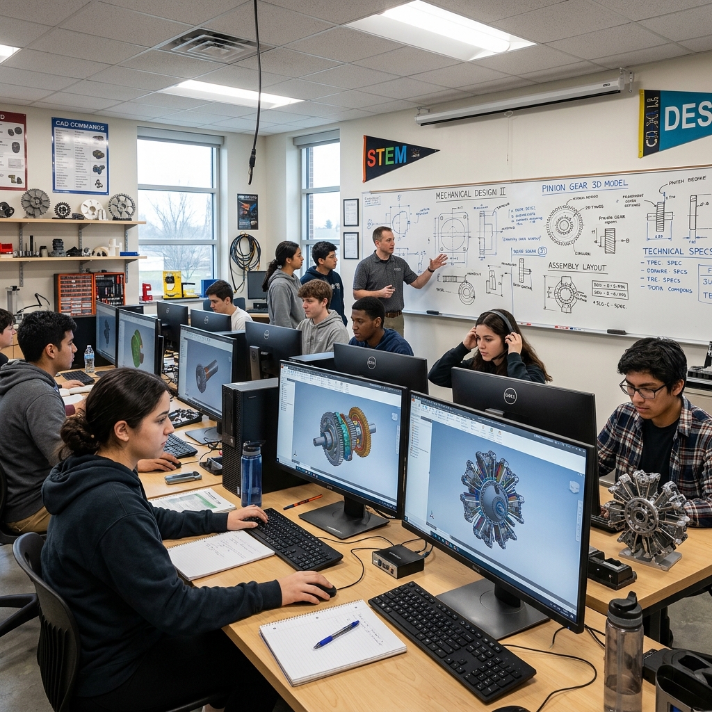 Vocational classroom with students at desks displaying 3D CAD models of mechanical parts.