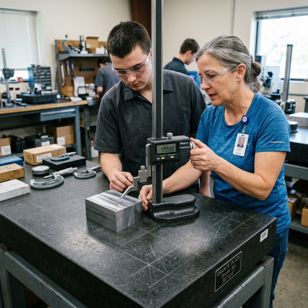 Instructor showing a student how to use a digital height gauge to measure a metal block.