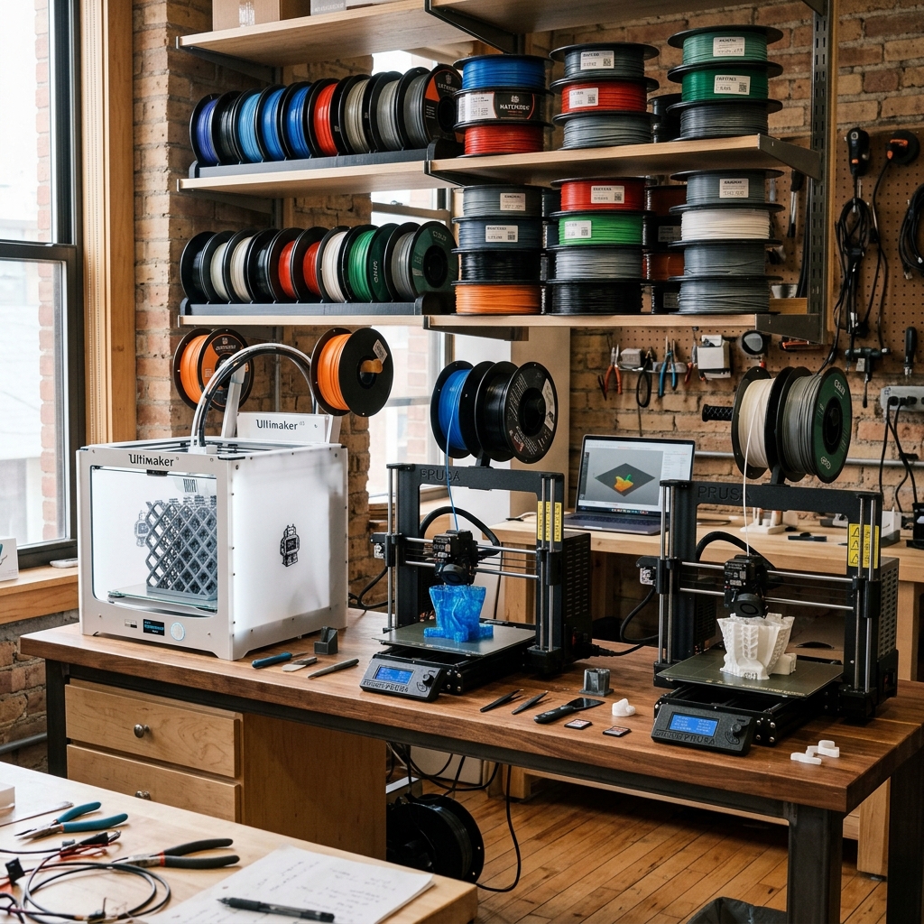 Workspace containing 3D printers quietly building plastic prototypes.
