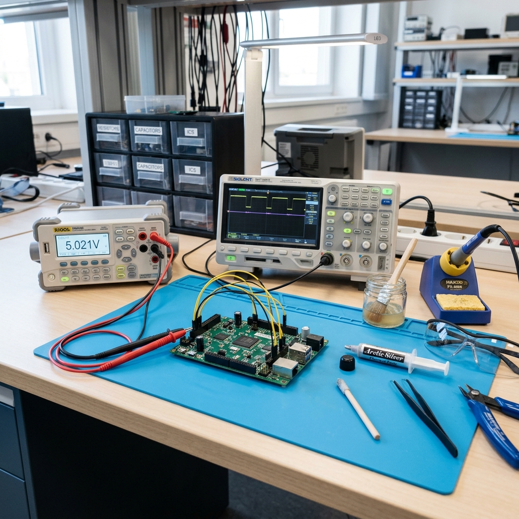A clean, modern electronics lab desk with circuit boards, multimeter probes, thermal paste, and testing instruments.