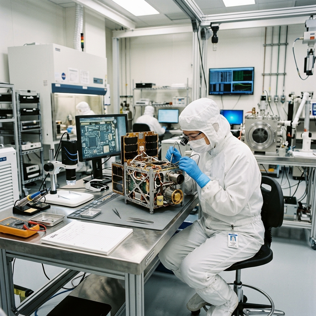 Technician in a cleanroom gown and hood inspecting a small satellite chassis sitting on a sterile workbench.