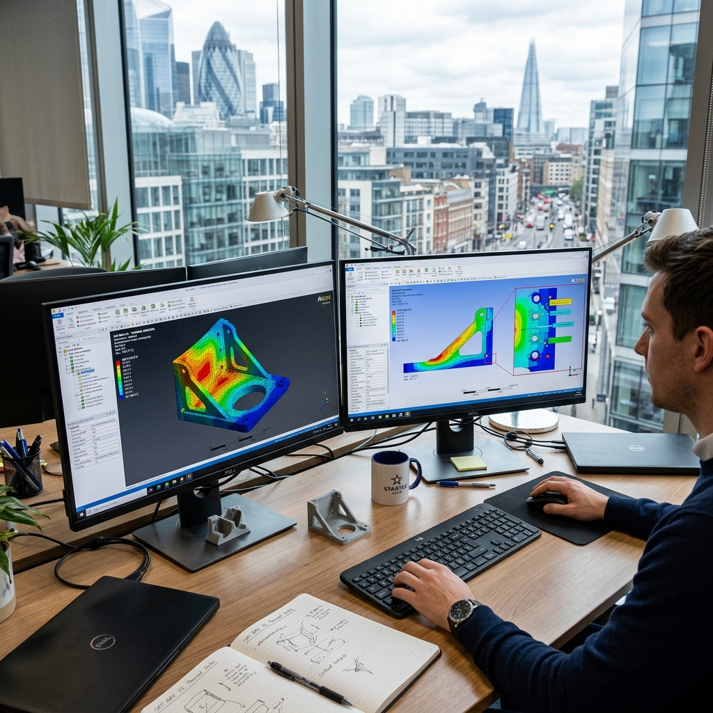 Dual computer monitors displaying detailed color-coded 3D thermal simulation heatmaps of a satellite bracket.
