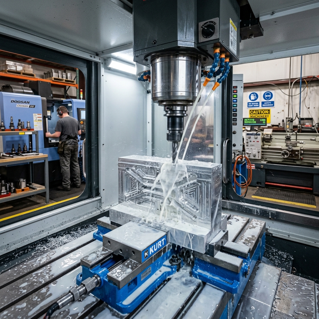 Precision CNC machining center cutting metal cooling manifold components with coolant flowing over aluminum workpiece