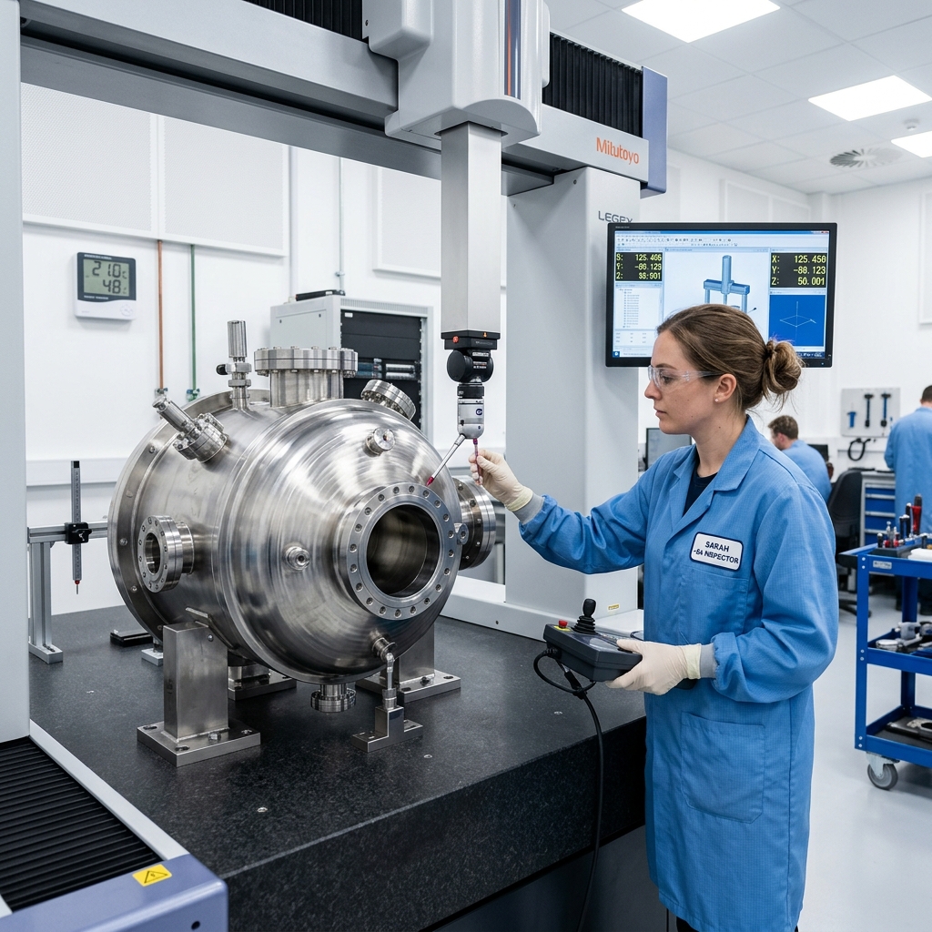 Quality inspector using coordinate measuring machine to verify dimensions on stainless steel pressure vessel in inspection room
