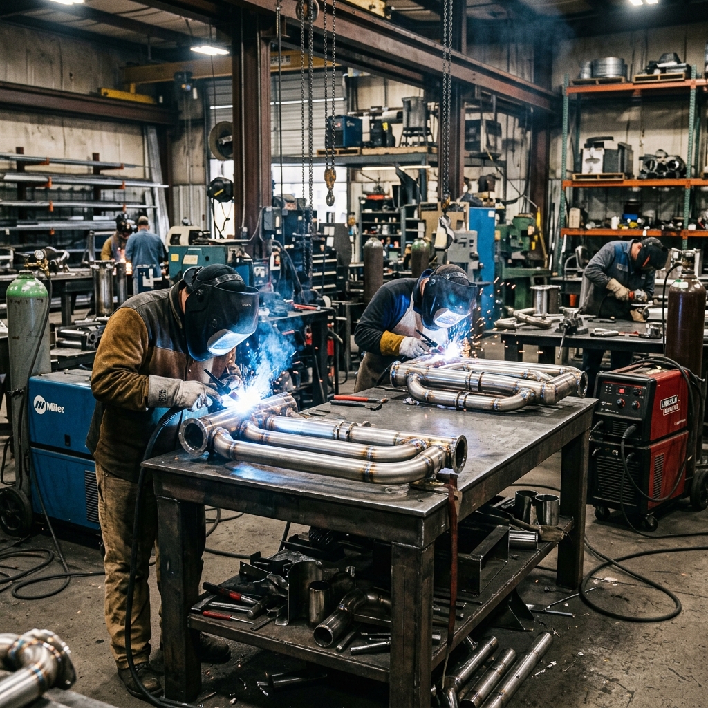 Metal fabrication shop floor with workers welding stainless steel cooling system headers on assembly tables
