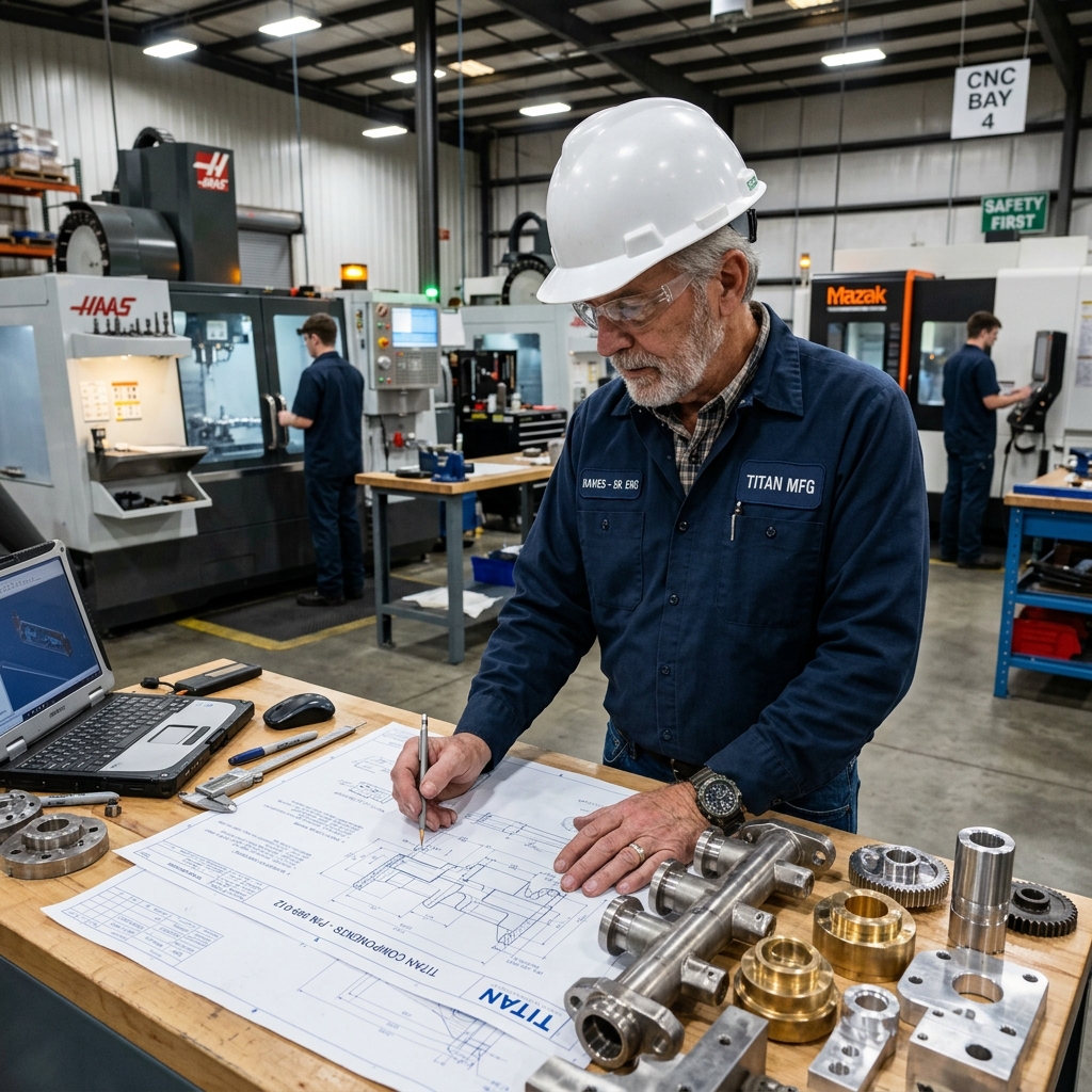 Engineer in hard hat reviewing technical drawings and metal component samples on factory floor near CNC equipment