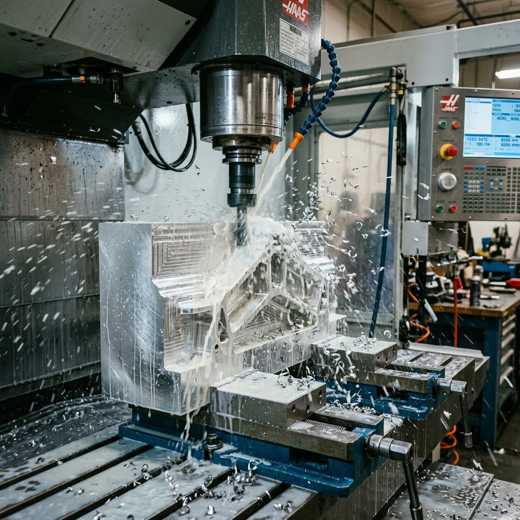 Realistic photo of a high-performance aerospace part being milled from a solid block of 6061-T6 aluminum with coolant spraying.