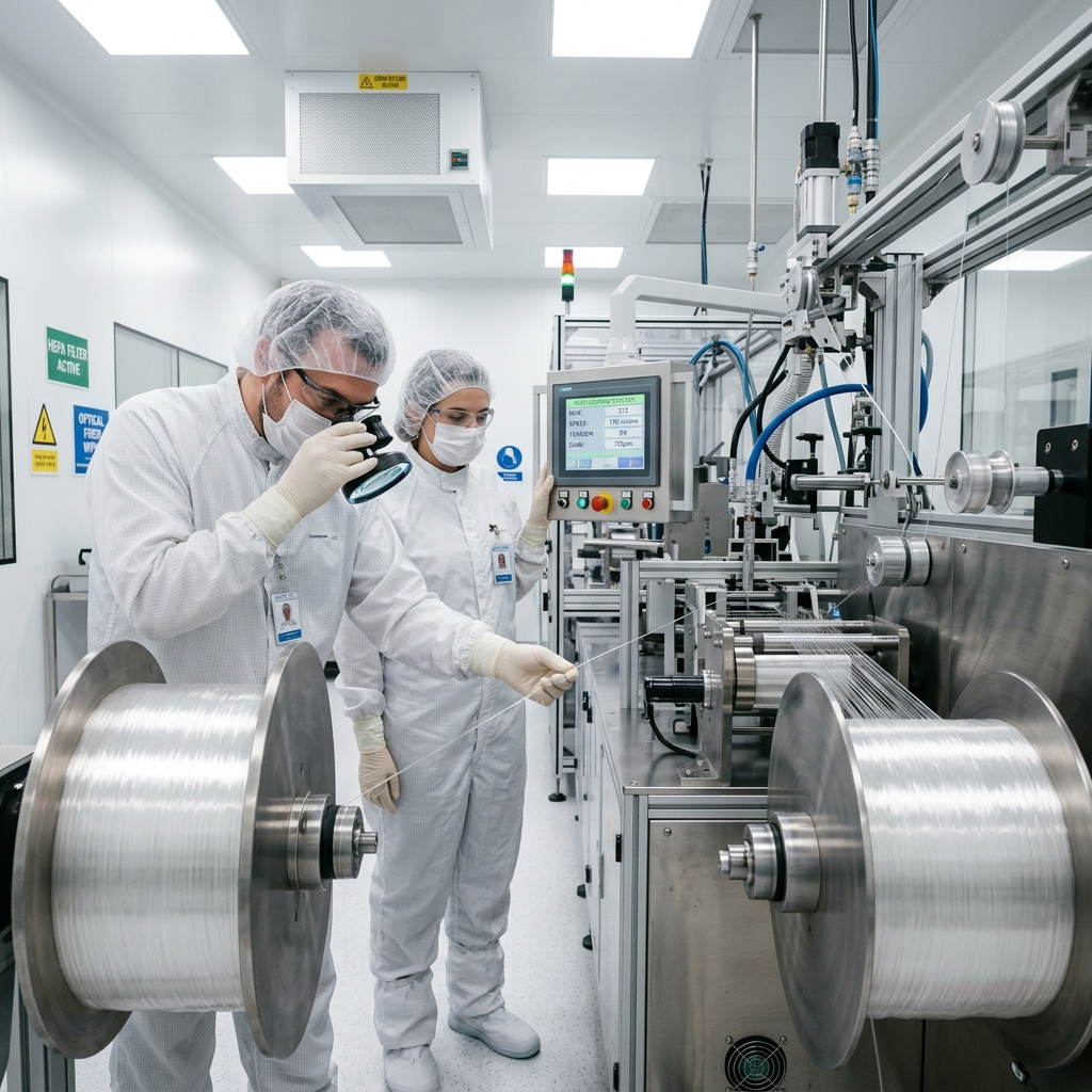 Workers in cleanroom suits inspecting spools of translucent optical fiber glass on a modern manufacturing line under bright industrial lighting