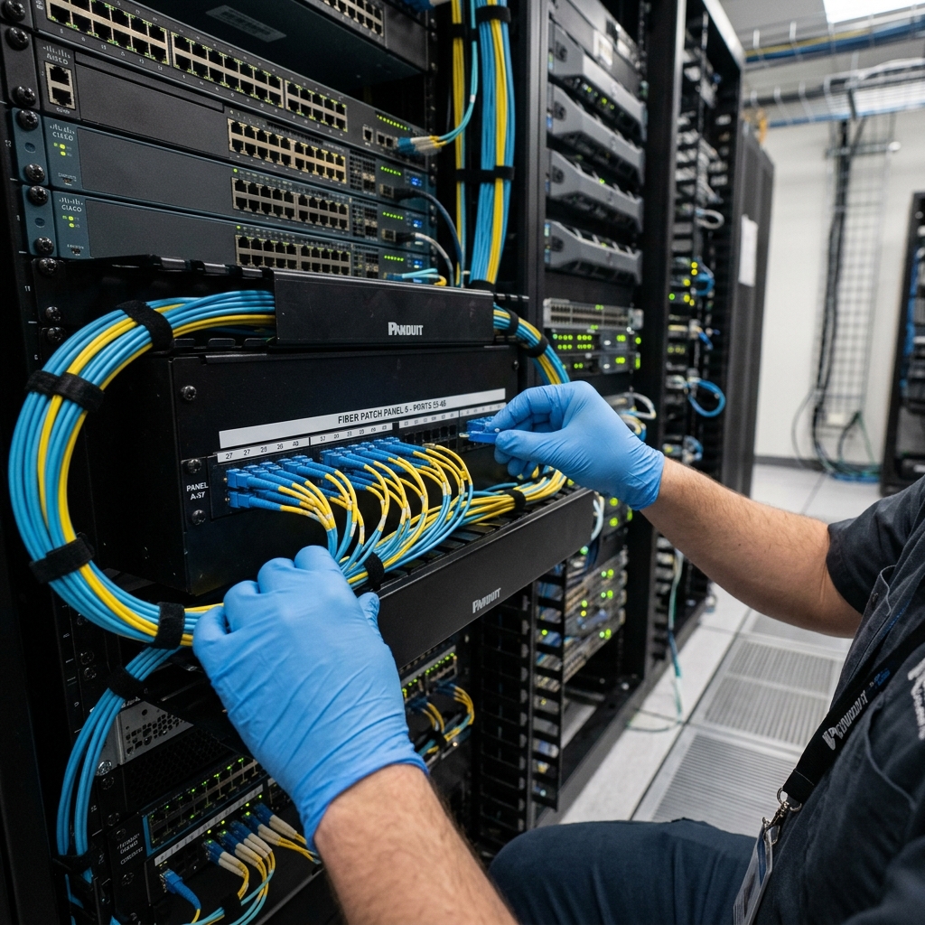 Close-up view of technician hands routing bundled fiber optic cables through rack-mounted patch panels in a data center environment