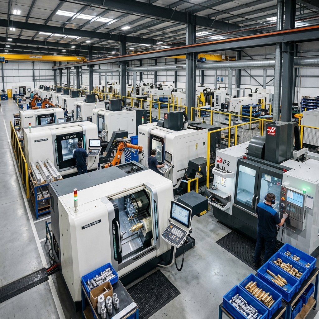 Wide shot of precision machining equipment manufacturing metal connector housings and fiber optic termination hardware on an automated production floor