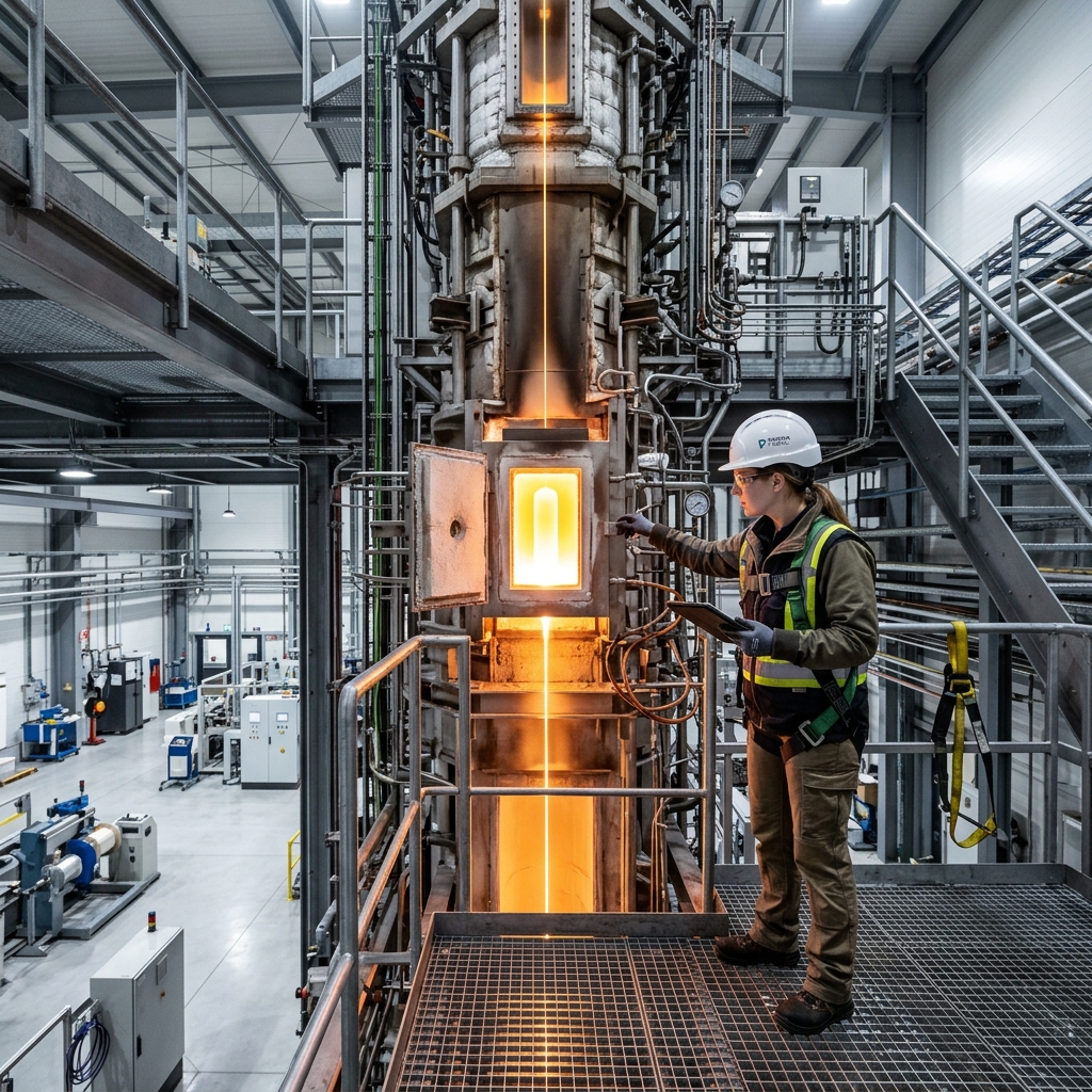 Engineer in hard hat examining large industrial furnace used for melting high-purity silica glass in an optical fiber manufacturing facility