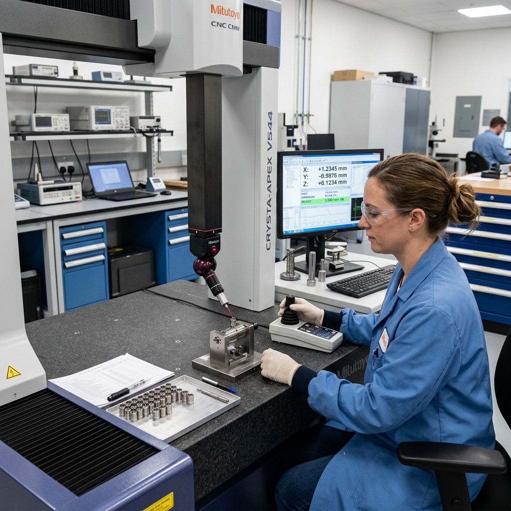 Technician operating a CMM coordinate measuring machine to inspect dimensional accuracy of fiber optic connector components in a quality control lab