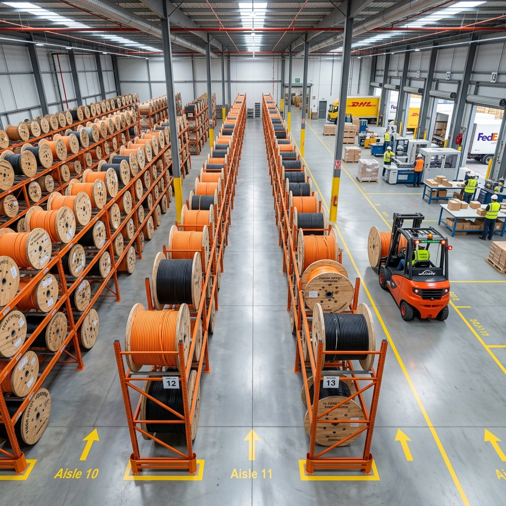 Overhead view of organized rows of fiber optic cable reels and packaging equipment in a modern warehouse distribution center ready for shipment