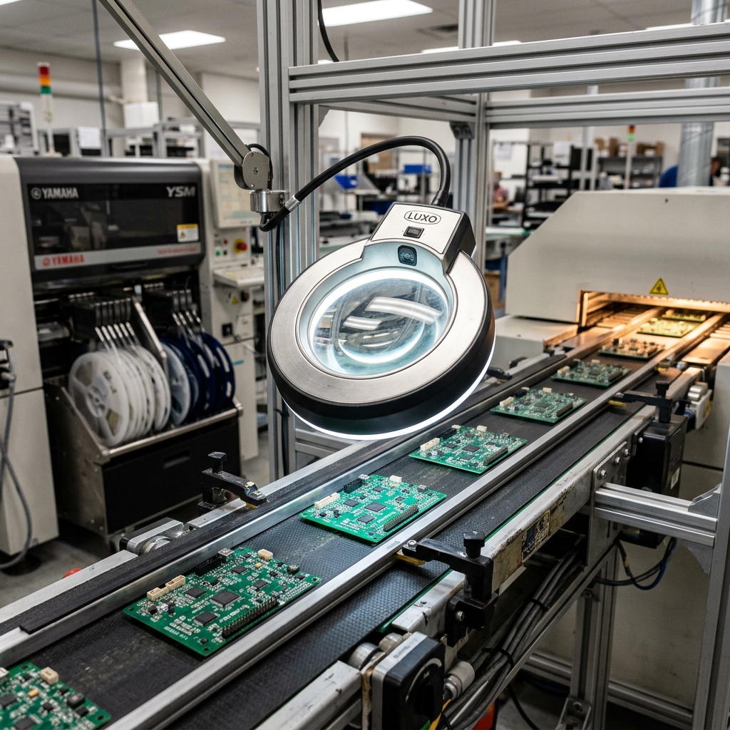 Automated SMT assembly line conveyor belt carrying green printed circuit boards under a magnifying lamp.