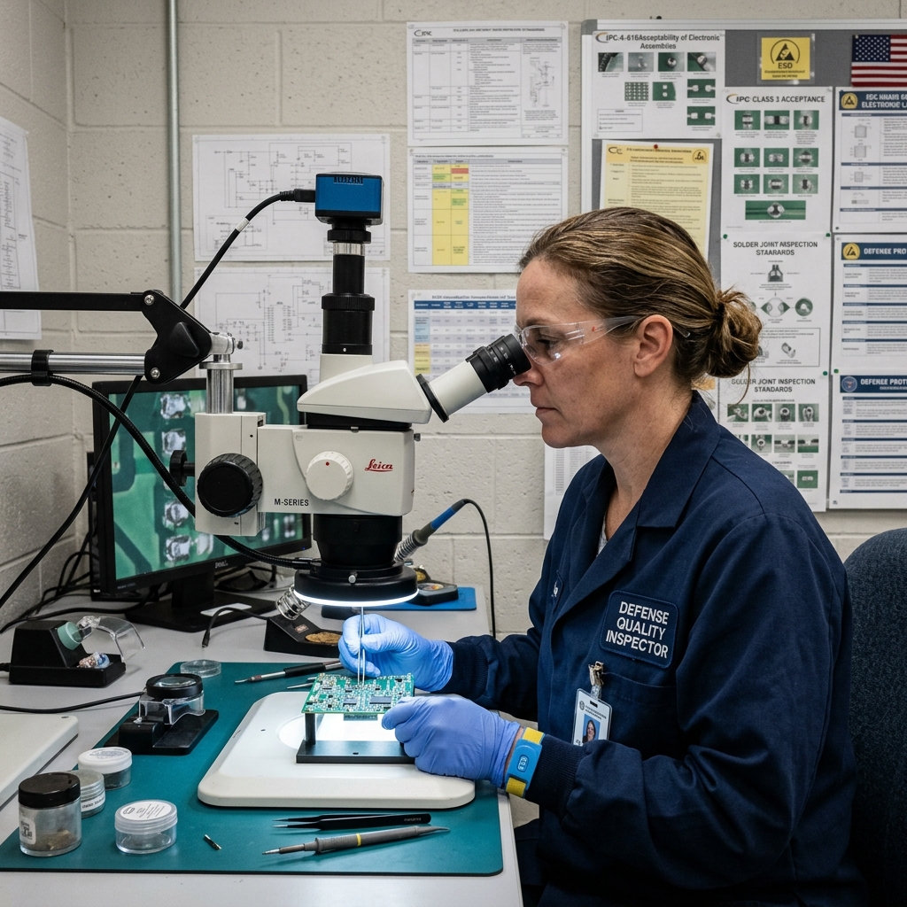 Defense quality inspector using a stereo inspection microscope to inspect tiny solder joints on a micro-circuit board.