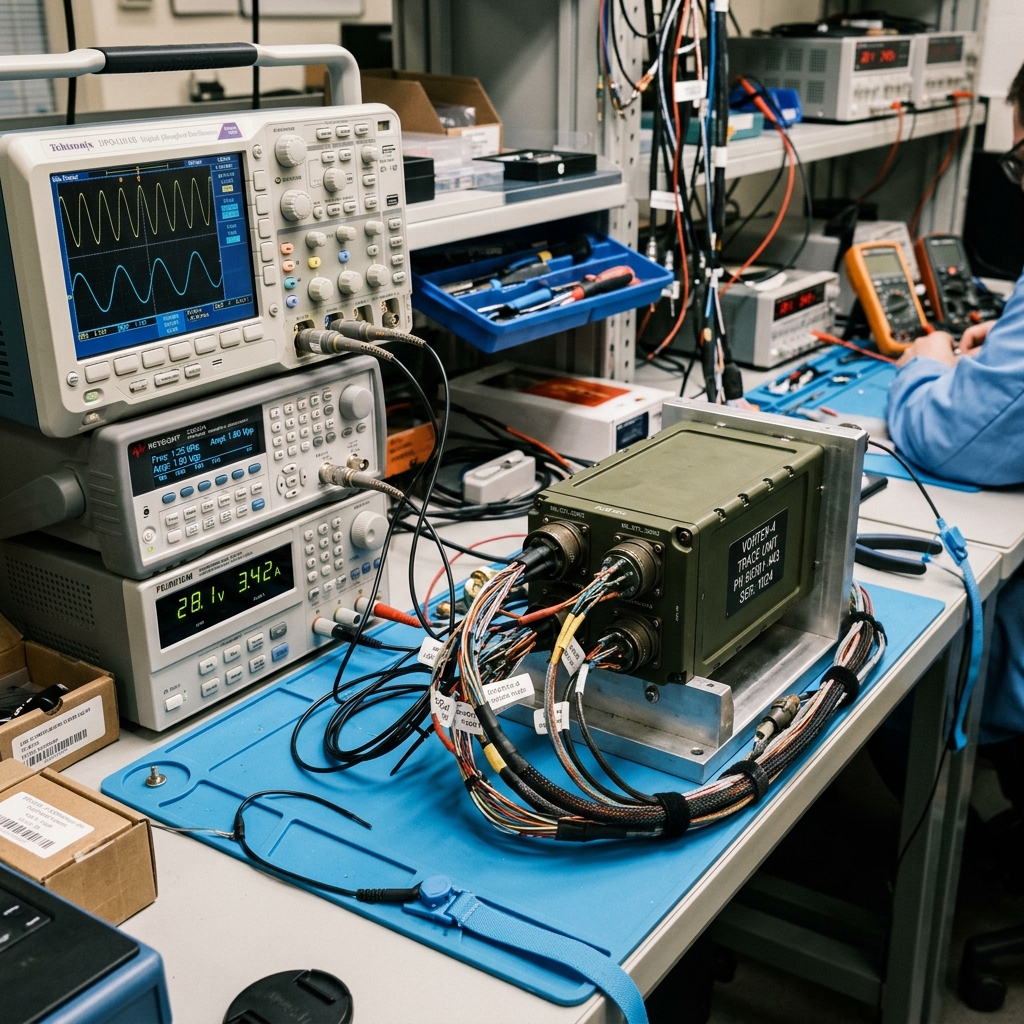 ESD-safe testing station showing digital oscilloscopes and wiring harnesses connected to an electronic module.