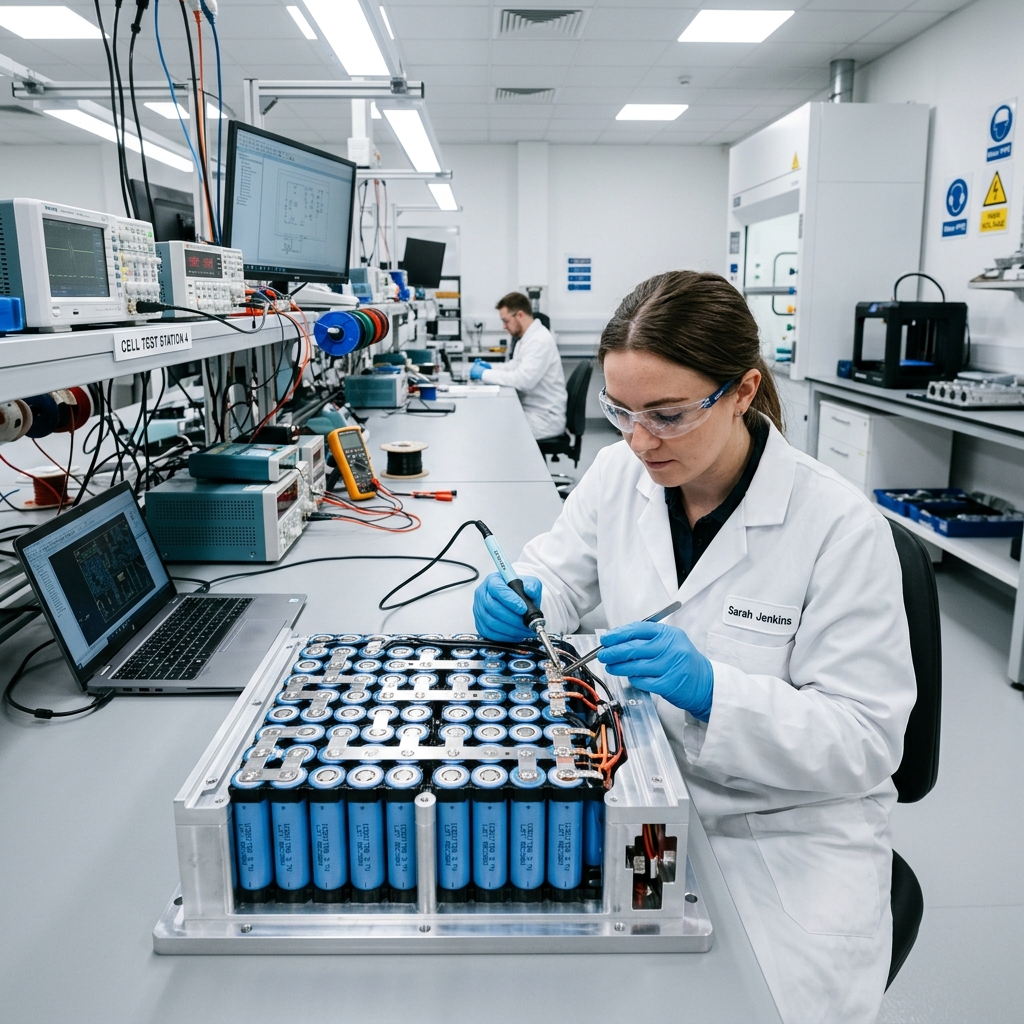 Clean battery pack R&D facility with cylindrical lithium-ion cells arranged in a module housing.